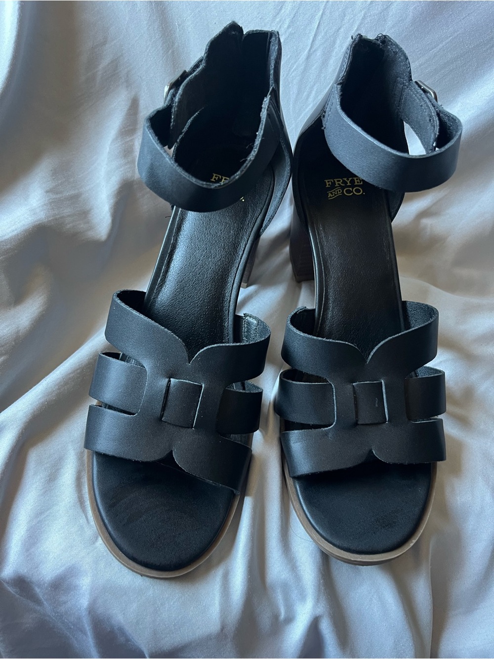 Frye Black Leather Strappy Block Heel Sandals